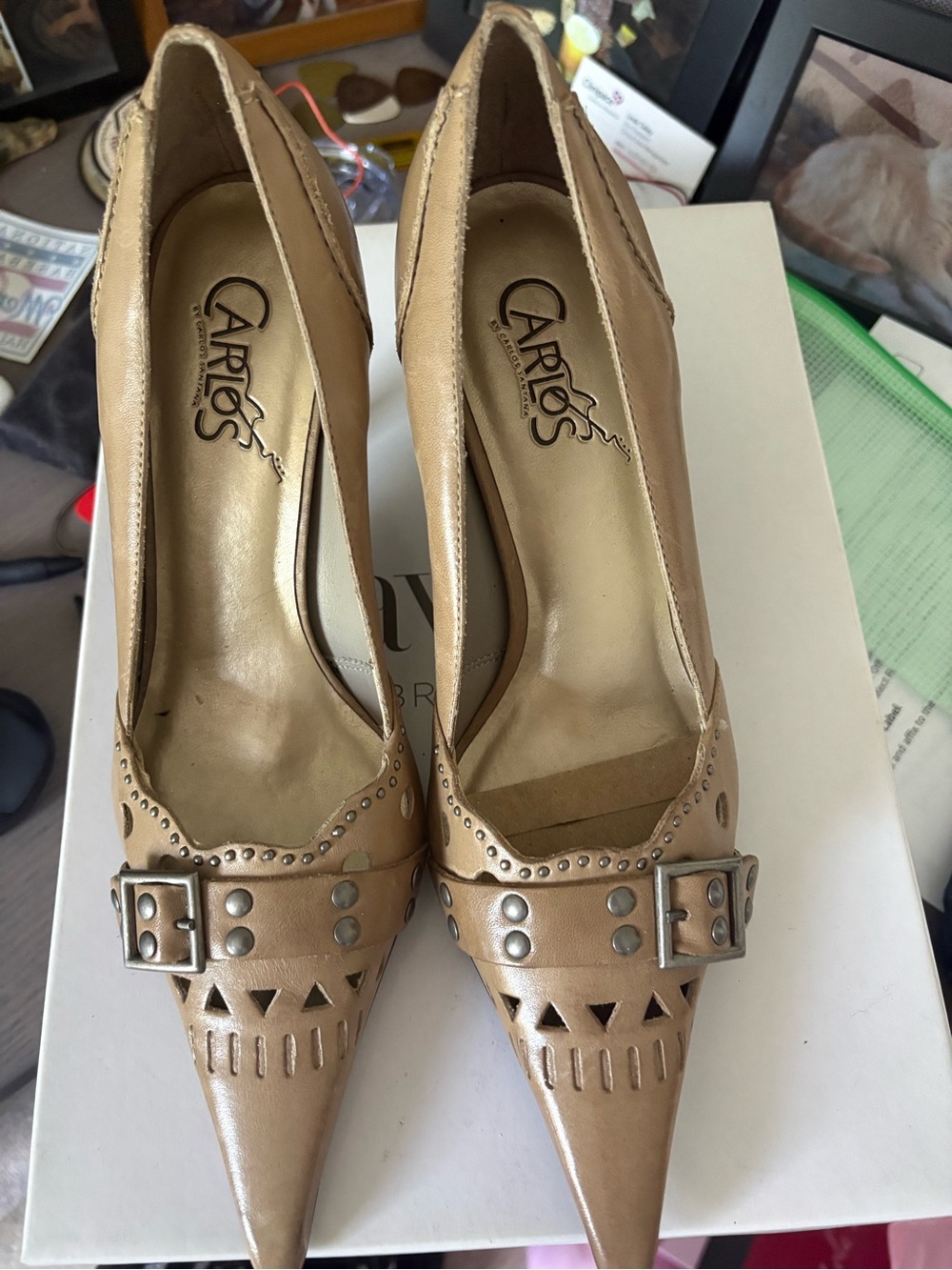 Carlos by Carlos Santana Beige Pointed Toe Studded Pumps